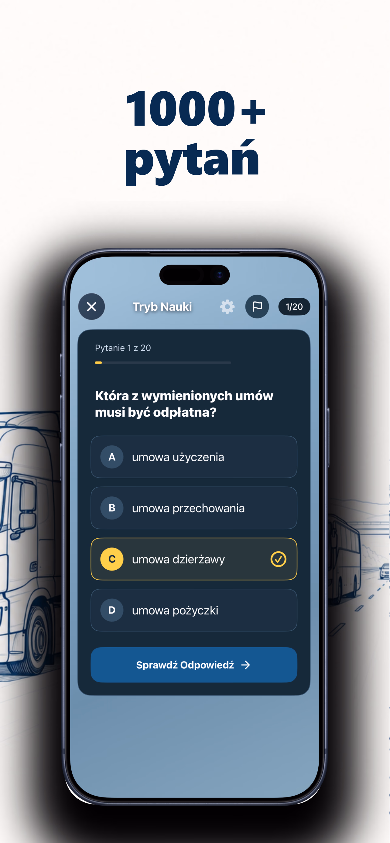 Ekran aplikacji CKZ Pro: Ćwicz na ponad 1000 pytaniach